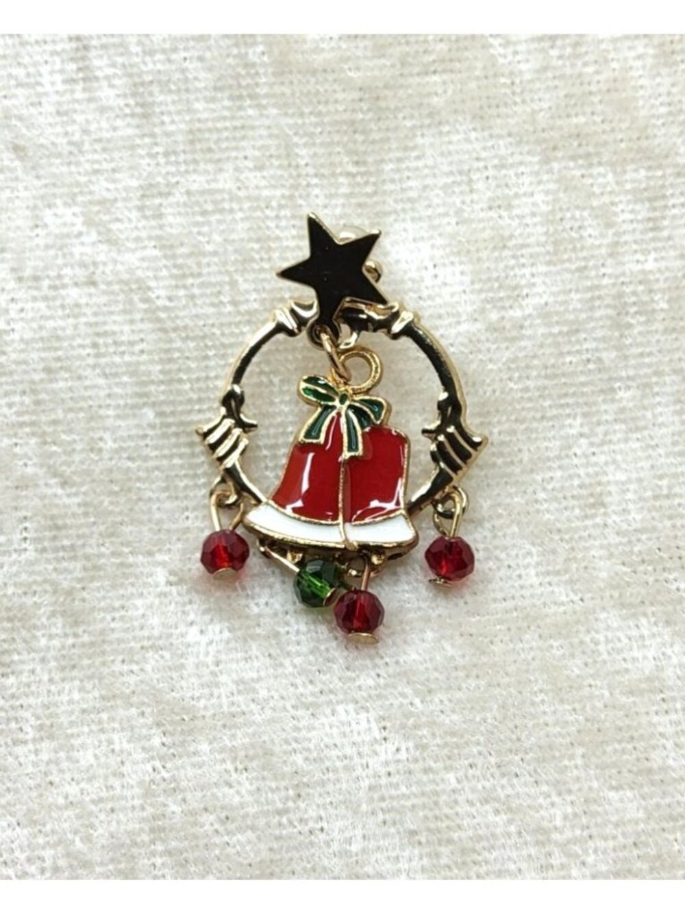 Vintage Red,Gold,Green Enamel Wreath Star and Bell Pin